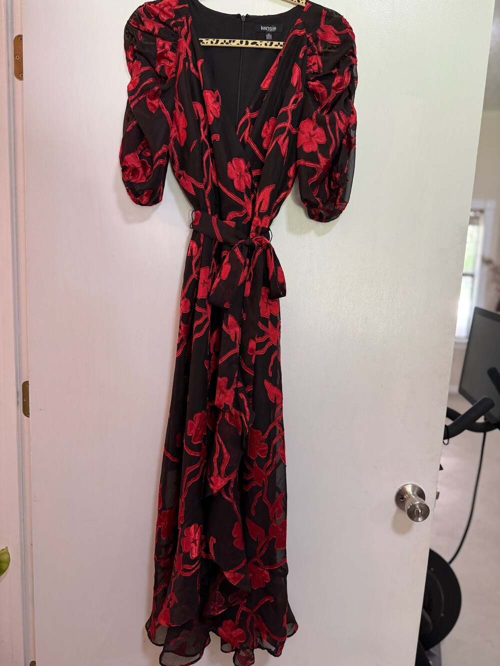 Kensie Women's Black and Red Floral Burnout Velvet Puff-Sleeve Wrap Maxi Dress, - Picture 2 of 5